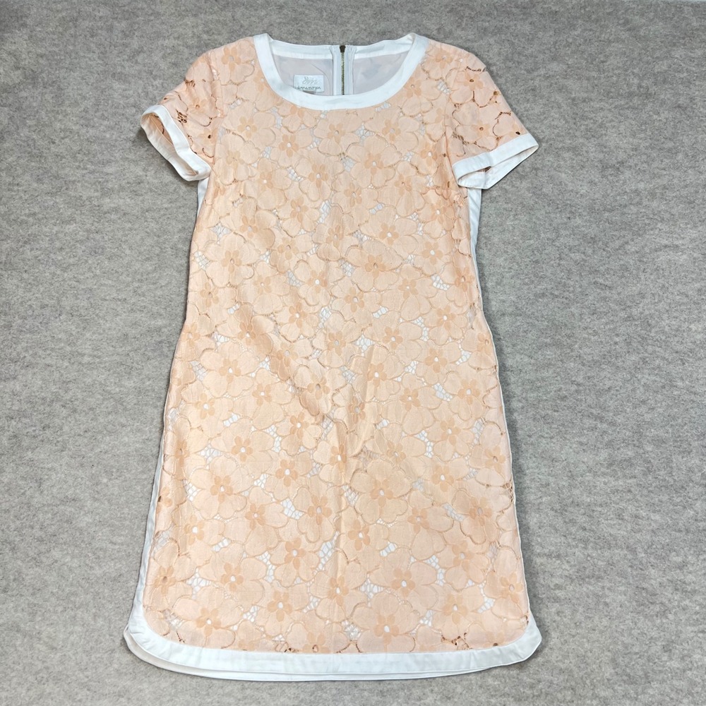 Donna Morgan Peach Floral Lace Shift Dress White Trim Sz 4 Short Sleeve Mini EUC